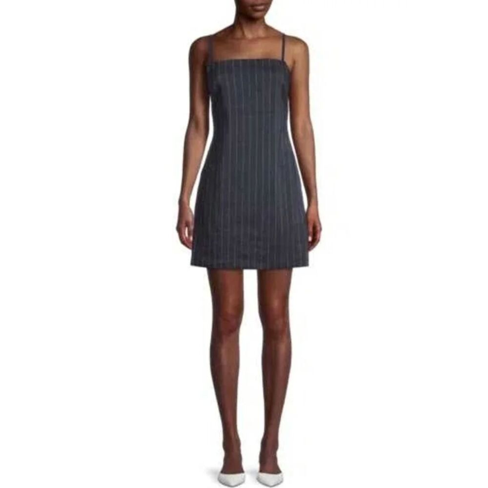Theory IWG Weekend Mini Dress Navy Blue Pinstripe Linen Blend Size 10 NWOT